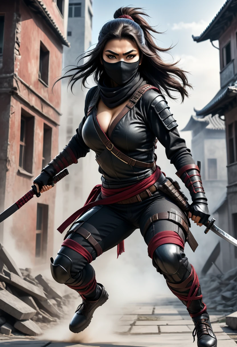 beautiful ninja woman, with weapons, runs on a building, war, style dessin
