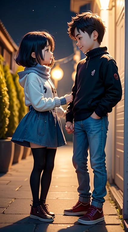 ​masterpiece、top-quality、ultra-detailliert、(cute chibi character couple:1.2)、a boy and a girl、boy took girl's hand、Matching knitwear and matching jeans、stare at each other、Smiling and looking at each other、Full-body standing figure、The background is a garden at night