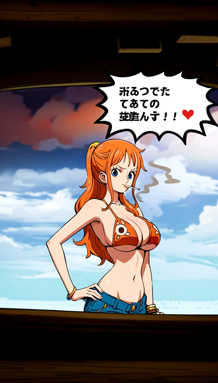 a cartoon picture of a woman in a bikini top and jeans, nami one piece, nami from one piece, nami, beautiful portrait of nami, from one piece, oppai, blue eyes, smoking, ponytail