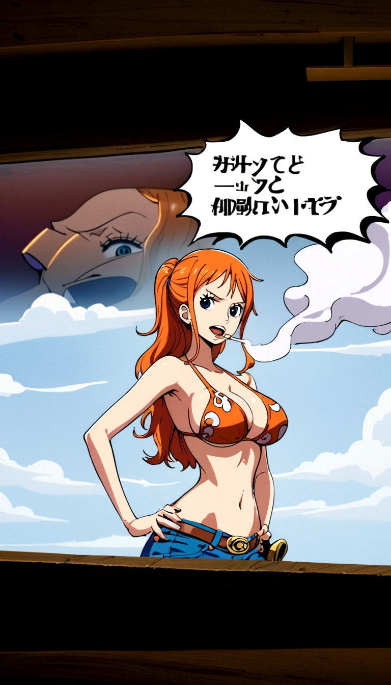 a cartoon picture of a woman in a bikini top and jeans, nami one piece, nami from one piece, nami, beautiful portrait of nami, from one piece, oppai, blue eyes, smoking, ponytail
