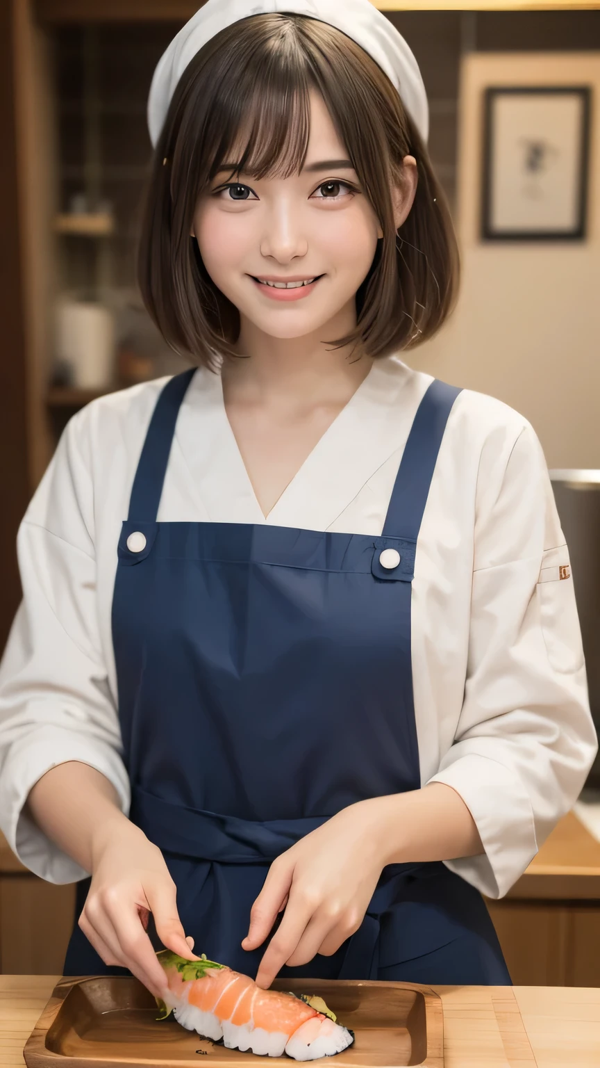 closeup shot , Best picture quality (8K, high resolution, Masterpiece: 1.2), super detailed, 215 Short Hair, 16-year-old woman,
situation: At the counter of a sushi restaurant、A scene where a craftsman is making sushi。
clothing: White coat、apron、Hood or headband。
angle:
Close-up: The hands of the craftsman making sushi、A detailed look at a person's concentrated work face。
Detailed depiction: A counter with fresh seafood on display、Freshly made sushi in the background、Emphasizing the fine craftsmanship。
Emotional moment: The moment when the chef serves beautiful sushi to the customer,、Capturing the serious expression of a craftsman。
, Close-up of face
, random cute pose ,big eyes ,Puffy eyes , Heart Pupil, blush , huge shy smile , salute