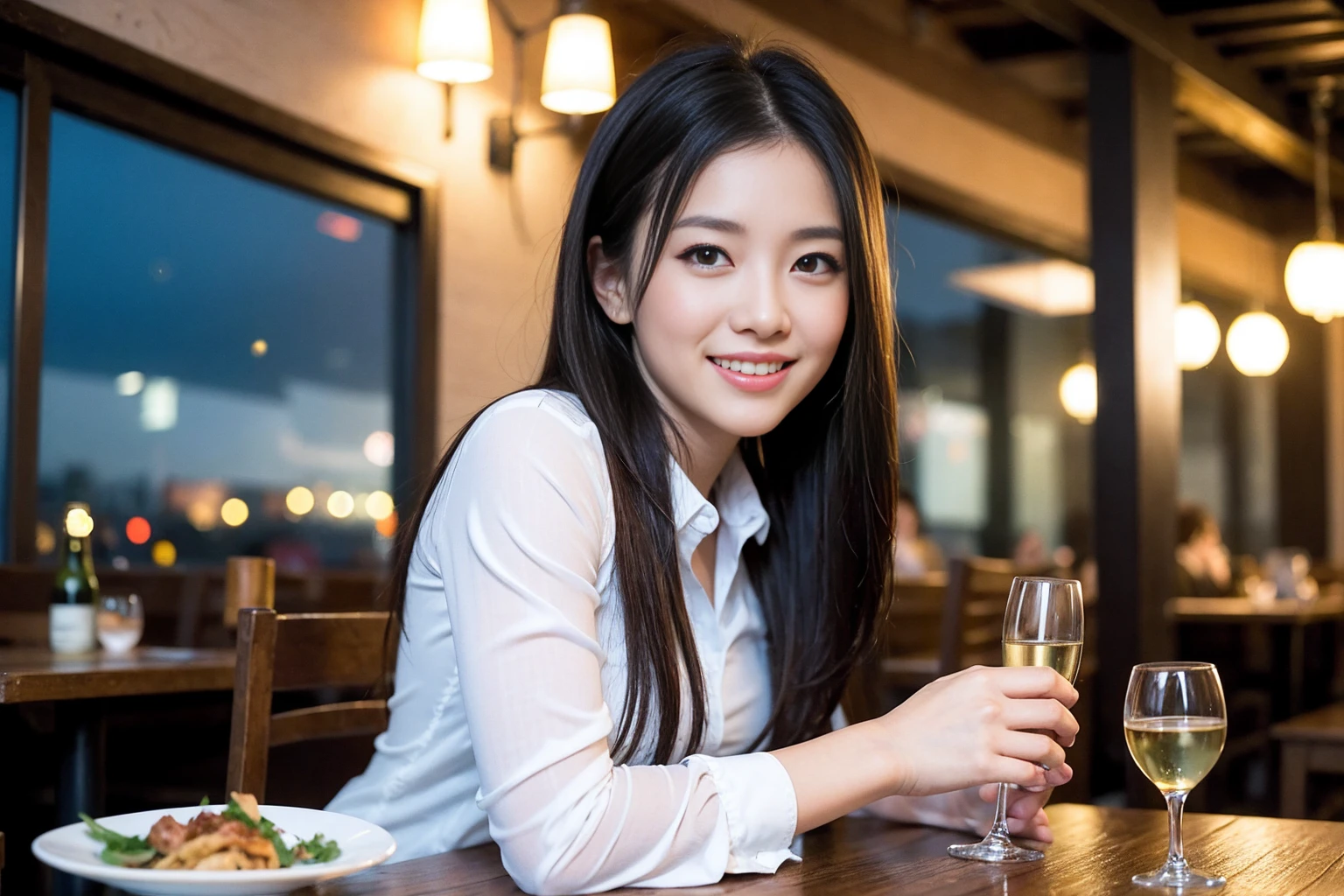 K, Hmm, highest quality, masterpiece: 1.2), (realistic, photorealistic: 1.37), Spectacular view of the sunset sky and clouds、Amazing mountain views、3 slim beauties, (slim face),Happy、 the best smile、Fox face、Berry Short、(because I'thin), (brown hair), (shortcut), long sleeve shirt、winter fashion、Colombian、Brazilian、Japanese、Dutch、German、Portuguese、Belgian、Italian、French,Champagne、sparkling wine、 (Squirting), (slim body), (brown hair), (shortcut), neat beauty、cheeks turn a little red, (41 years old), 38 years old, alone, A beautiful and detailed night view spreads out outside the window........, restaurant, wine glass is sitting, At night, in a prominent place (from the Upper body) nova frog style, actress, model, Upper body, White wine, slim, wine glass, Very beautiful night view, wine glass Put in the Middle, Happy smile, (smile: 1.15),