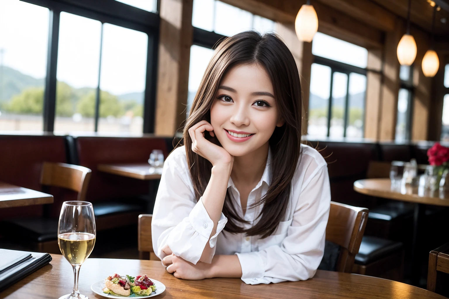 ((Highest quality、8K、masterpiece:1.3))、Sharp focus:1.2、Beautiful woman perfect body:1.4、slimなボディ、((Bob Hale、Straight hair:1.2))、(to be born, Highest quality, masterpiece:1.5), (Realistic, Intricate details:1.2), テーブルにwine glass、Shine light on your face、 Amazing view of the sunset sky and clouds、Amazing mountain views、ニコニコ明るいsmile、smileの素敵な女性、Bright image、2. The beauty of wine, Beautiful Face, blue eyes, The light shines on your face, Blushing, short hair,Bright Face、Fox face、 years old), 39 years old, Lady、red wine 、Appetizers、Italian food、Wine bottle、Champagne、sparkling wine、Two beauties、Brown Hair、Shortcuts、Long sleeve shirt、dress、Beautiful woman 1, (slimな顔), (The body is slim), (Brown Hair), (Shortcuts), cheeks turn a little red,Attractive beauty、, Out of the window, Beautiful and detailed night view.........., restaurant, In a prominent place (From the waist up) Nova Frog Style, actress, model, Upper Body, White wine, slim, wine glass, 真ん中に置かれたwine glass, smile, (smile: 1.15), Beautiful fine grain, Depth f/2,saturation, High Contrast, Strong light and shadow,Moist Body:1.5、 texture、Delicate eyes、Brown Hair、The hair is very shiny、
