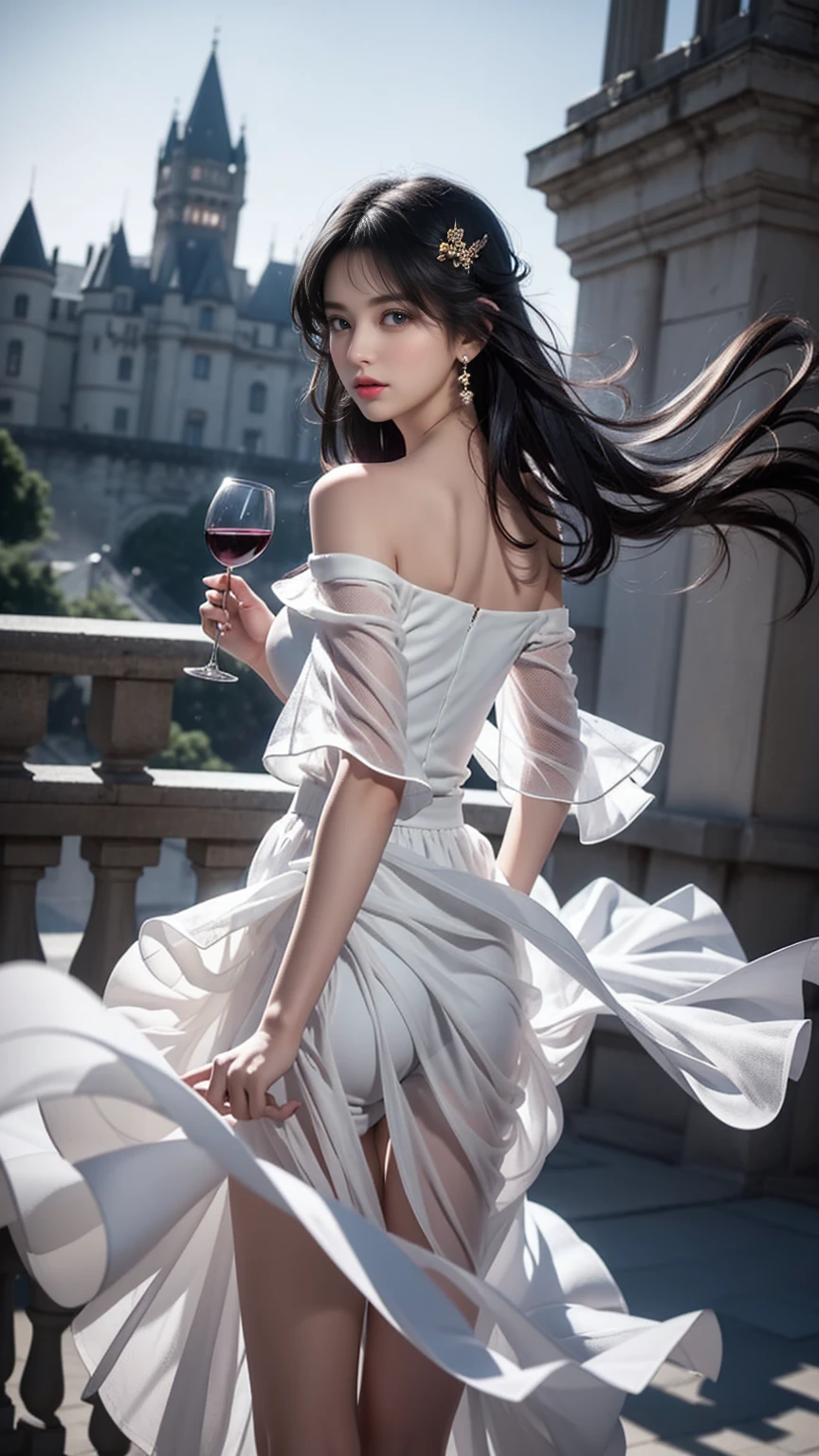 ((Girl standing on balcony of old castle))、((Rear view)),((look back))、Fluorescent color、1 girl、Looking to the side、Beautiful face、Beautiful eyes、(Off the shoulder:1.2)、Upper Body、Shiny Hair、Glowing Skin、 Reduce glare、The proportions of the fingers have been adjusted、Escrow、ass pov、Dynamic Angle、(((Master part)))、(((highest quality)))、(((Super-detailed))) detailed)、(An illustration)、(Detailed light)、(Very delicate and beautiful)、Dramatic_Shadow、Ray_Tracking、reflection、 Ultra-high resolution、((A girl with colorful hair and mesh in her black hair))、 Her hair flutters in the wind、(Large deep blue eyes)、Black Haired Woman、 Sparkling Butterfly、Black-haired woman、Points of light around the woman、Magical Aura、Green dot、Aura About Natural、超Magical AuraBlack-haired woman,((White off-the-shoulder semi-transparent white dress:1.3))、(No sleeve)、((My skirt is flying up in the wind)),((An old European castle is hazy in the distance)),((White panties are visible)),((One hand holds a wine glass)),