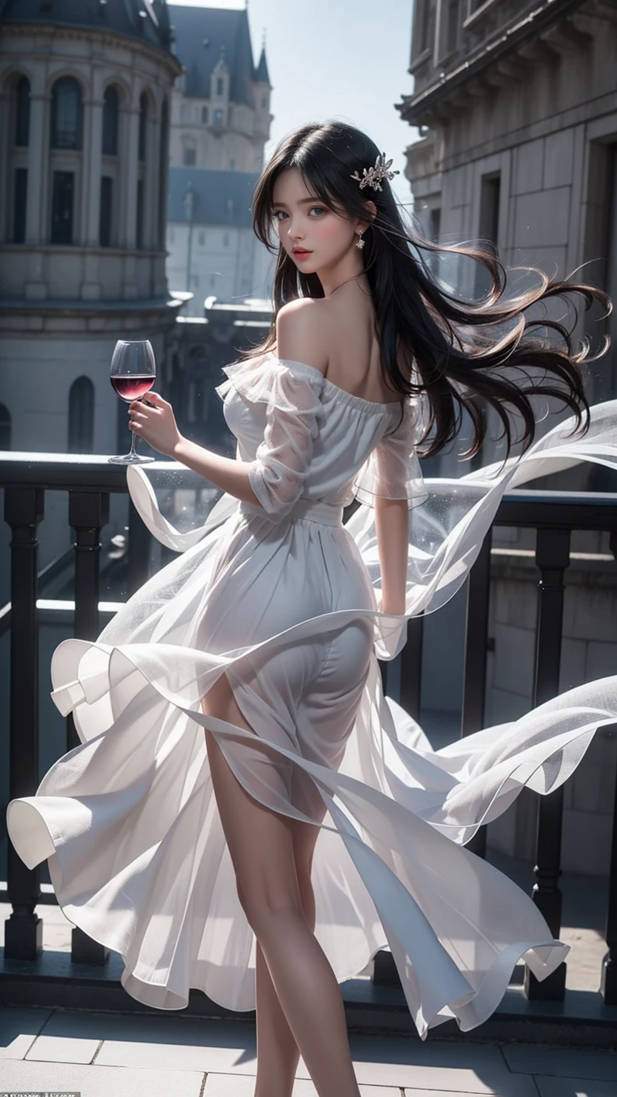 ((Girl standing on balcony of old castle))、((Rear view)),((look back))、Fluorescent color、1 girl、Looking to the side、Beautiful face、Beautiful eyes、(Off the shoulder:1.2)、Upper Body、Shiny Hair、Glowing Skin、 Reduce glare、The proportions of the fingers have been adjusted、Escrow、ass pov、Dynamic Angle、(((Master part)))、(((highest quality)))、(((Super-detailed))) detailed)、(An illustration)、(Detailed light)、(Very delicate and beautiful)、Dramatic_Shadow、Ray_Tracking、reflection、 Ultra-high resolution、((A girl with colorful hair and mesh in her black hair))、 Her hair flutters in the wind、(Large deep blue eyes)、Black Haired Woman、 Sparkling Butterfly、Black-haired woman、Points of light around the woman、Magical Aura、Green dot、Aura About Natural、超Magical AuraBlack-haired woman,((White off-the-shoulder semi-transparent white dress:1.3))、(No sleeve)、((My skirt is flying up in the wind)),((An old European castle is hazy in the distance)),((White panties are visible)),((One hand holds a wine glass)),