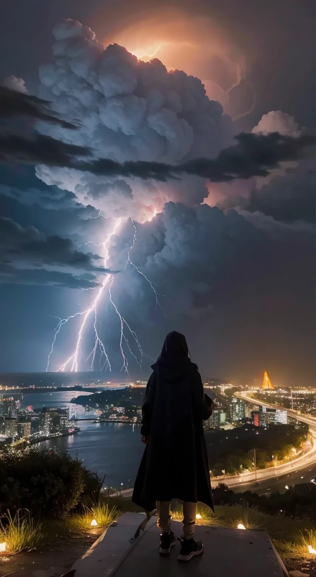 1girl on a hill watching a city on fire during a lightning storm as the reaper with his scythe descends from the skies in a chariot.