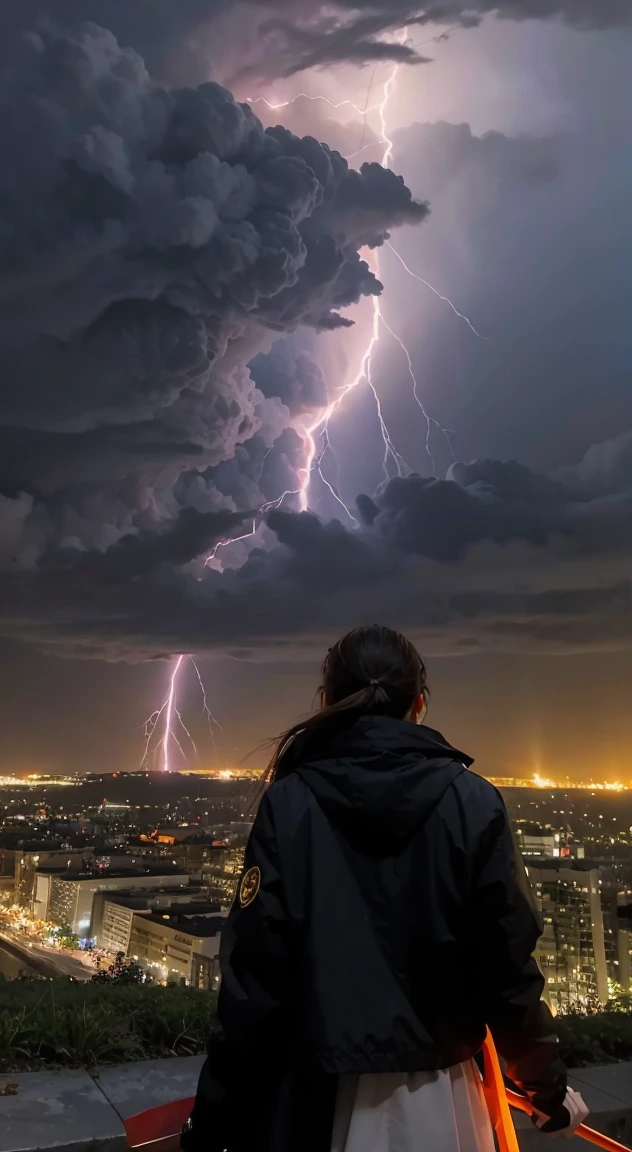 1girl on a hill watching a city on fire during a lightning storm as the reaper with his scythe descends from the skies in a chariot.