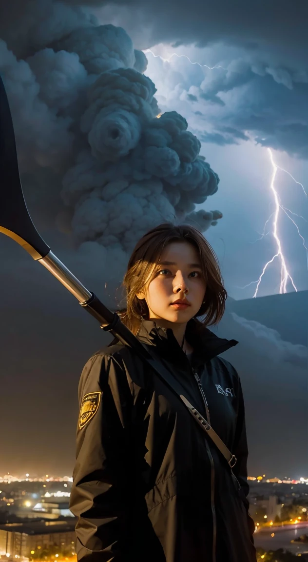 1girl on a hill watching a city on fire during a lightning storm as the reaper with his scythe descends from the skies in a chariot.