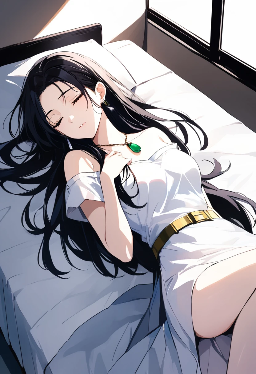 A Chinese beauty in white is lying on the bed, with long black hair and closed eyes. She has exquisite facial features, wearing earrings, an off the shoulder dress, a gold belt around her waist, a jade pendant necklace around her neck, white silk sheets, an indoor background, natural light, a top view angle, a medium focus lens, soft tones, in the style of.