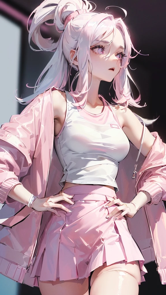 Photograph of the upper body of a beautiful woman, , [see through](white t-shirt:1.47),(pink tennis skirt:1.47),(pink jacket:1.47) big breasts, (small waist, perfect body), earring, Sharp focus, (tall body, mature woman), ((Looking ahead)), (Highly detailed skin, hair follicles:1.4) (long white hair),(purple eyes)