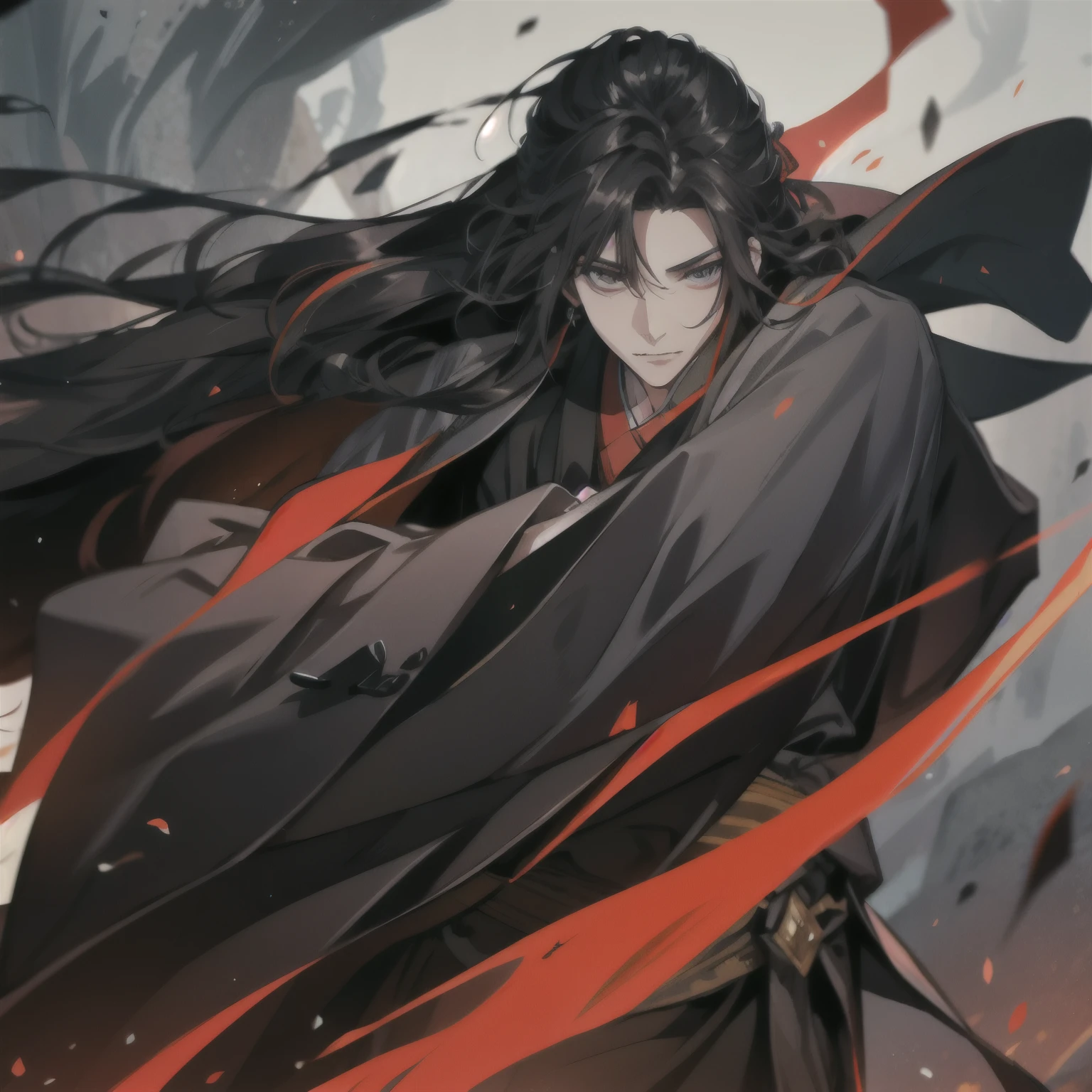 (masterpiece, best quality:1.2), 1male, solo, wei wuxian, mo dao zu shi, mdzs, black clothes, grey eyes, long black hair, perfect anatomy, full body