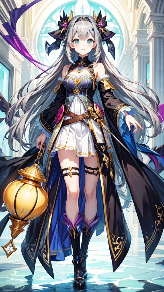 fantasy world girl with colorful hair, accessories, detailed clothes, dark gray hair