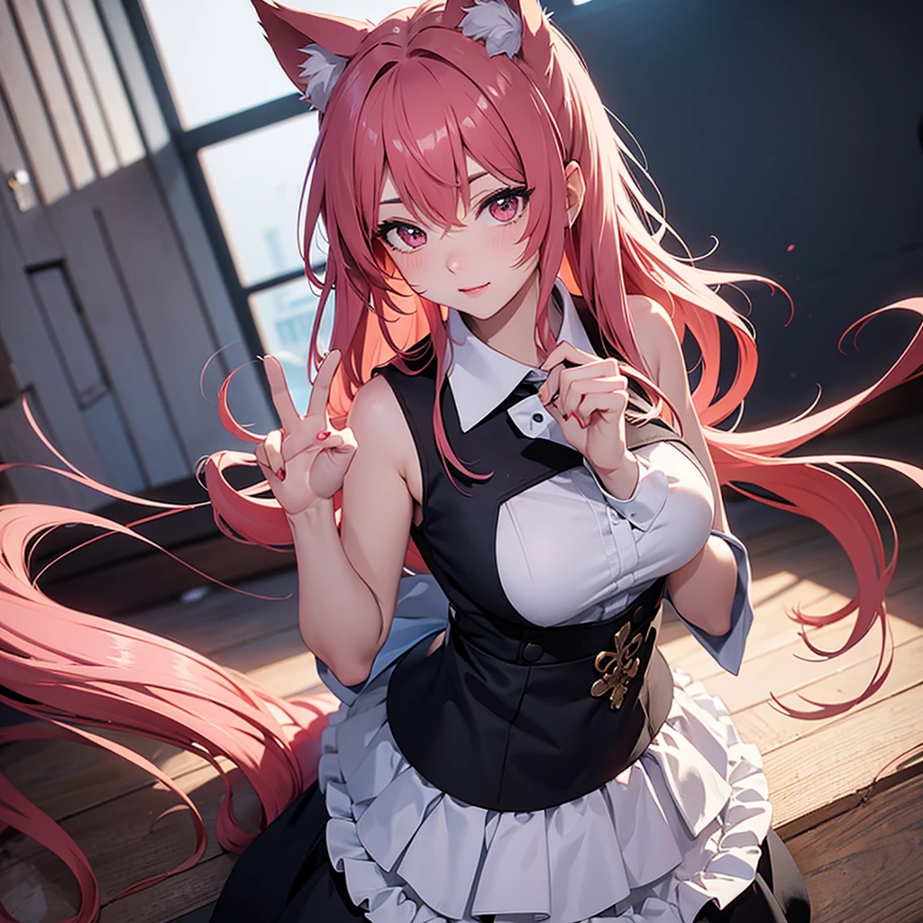 ２D Anime character key visual。Full body photography、Side High Angle。Main colorBlack、Sub-color: Red、Touch color blue。Light pink hair、Short updo hairstyle。Wolf ears。Maid outfit to seduce men。Big breasts girl body。blush、Looking up。A pose to seduce a man。