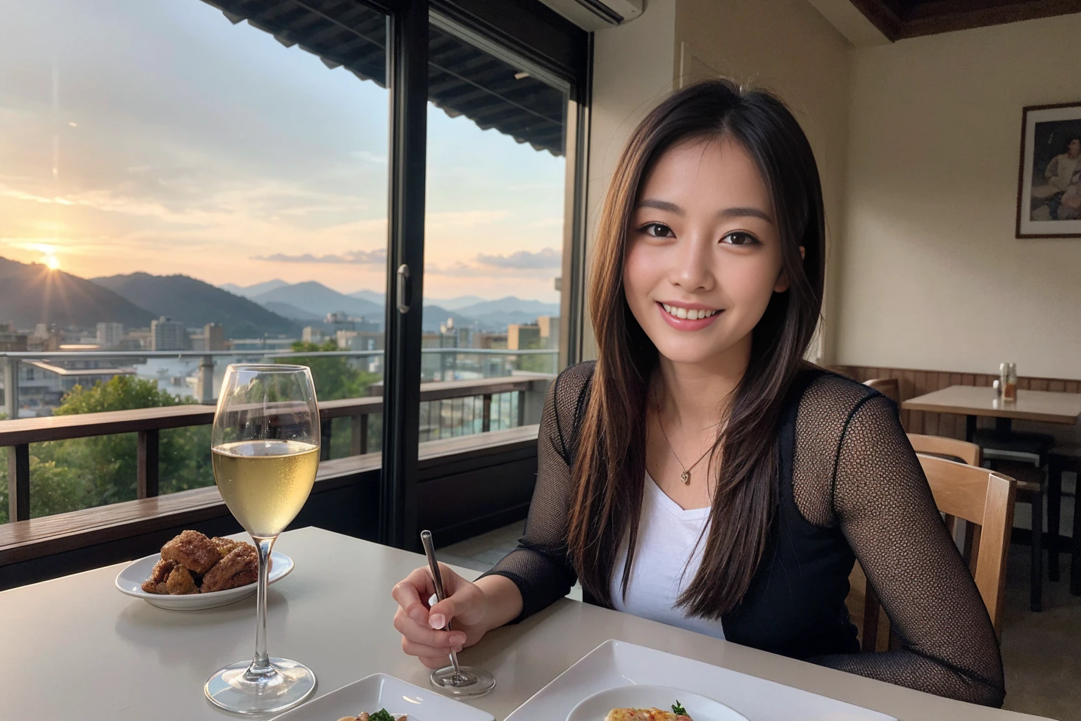((Highest quality、8K、masterpiece:1.3))、1 male、1 woman who resembles Satomi Ishihara、Couple、spouse、Couple、The body is slim、((Bob Hale、Straight hair:1.2)), (Realistic, Intricate details:1.2), テーブルの上のwine glass、Shine light on your face、 Amazing view of the sunset sky and clouds、Amazing mountain views、A bright smile、The wonderfulness of smile、Bright image、The beauty of wine, Beautiful Face, blue eyes, The light shines on your face, Blushing, short hair,Bright Face、42 years old), 39 years old, red wine 、Appetizers、Italian food、Wine bottle、Champagne、sparkling wine、Two beauties、Brown Hair、Shortcuts、Long sleeve shirt、dress、Beautiful woman 1, (slimな顔), (The body is slim), (Brown Hair), (Shortcuts), cheeks turn a little red,Attractive beauty、restaurant, In a prominent place (From the waist up) Nova Frog Style, actress, model, Upper Body, White wine, slim, wine glass, 中央に置かれたwine glass, smile, (smile: 1.15), Beautiful fine grain, Depth f/2,saturation, High Contrast, Strong light and shadow,Moist Body:1.5、3D texture、Delicate eyes、Brown Hair、The hair is very shiny、