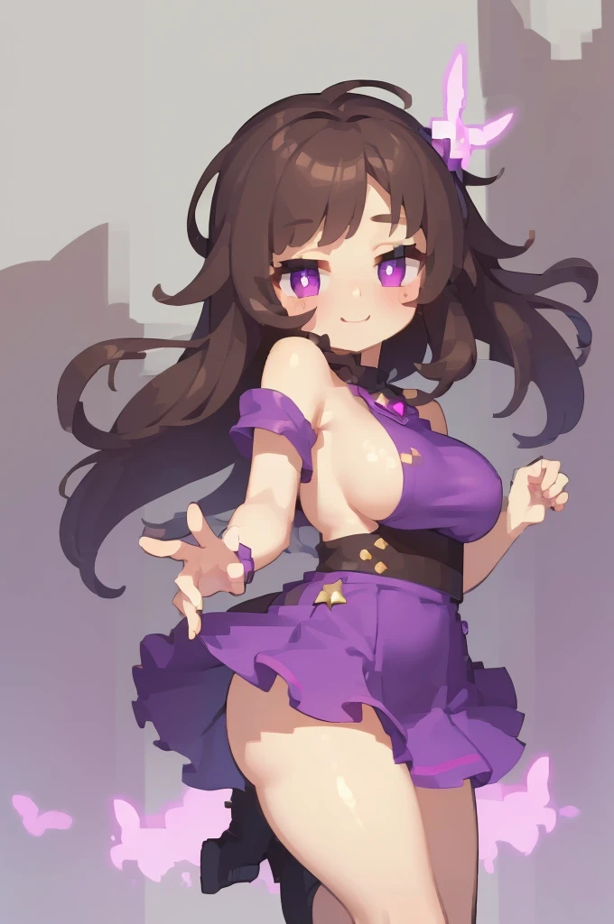 ((best quality)), ((masterpiece)), (detailed)),Cute Girl,Short Brown Hair,Purple Eyes,Heart shaped pupils,Cute smile,Red Blush,big breasts,showed under boobs,bare thick thighs,cute skirt,Glowing purple eyes,cute pose,hand beneath breasts,purple background,heart shaped pupils