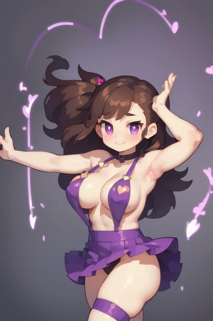 ((best quality)), ((masterpiece)), (detailed)),Cute Girl,Short Brown Hair,Purple Eyes,Heart shaped pupils,Cute smile,Red Blush,big breasts,showed under boobs,bare thick thighs,cute skirt,Glowing purple eyes,cute pose,hand beneath breasts,purple background,heart shaped pupils