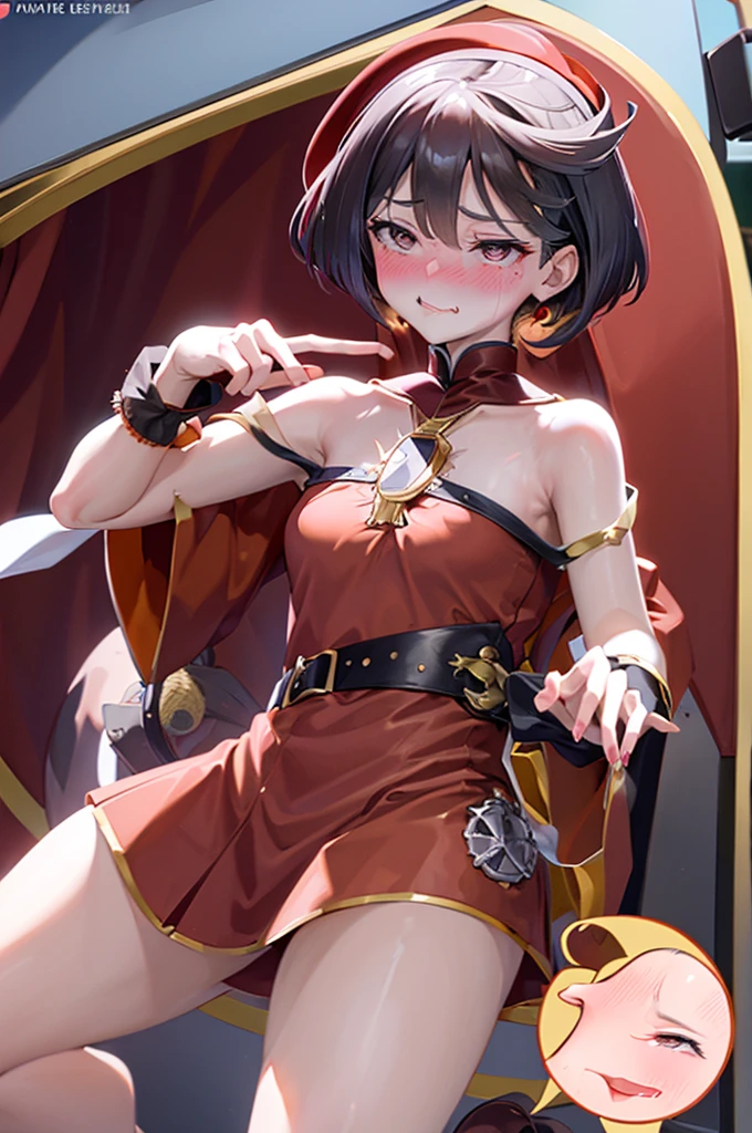 peace sign,(masterpiece, best quality), intricate details, 1girl, megumin, short hair, dress, red dress, hat, witch hat, belt indoors,ahg rolling eyes tongue((((blush)))),(cleatched teetch)