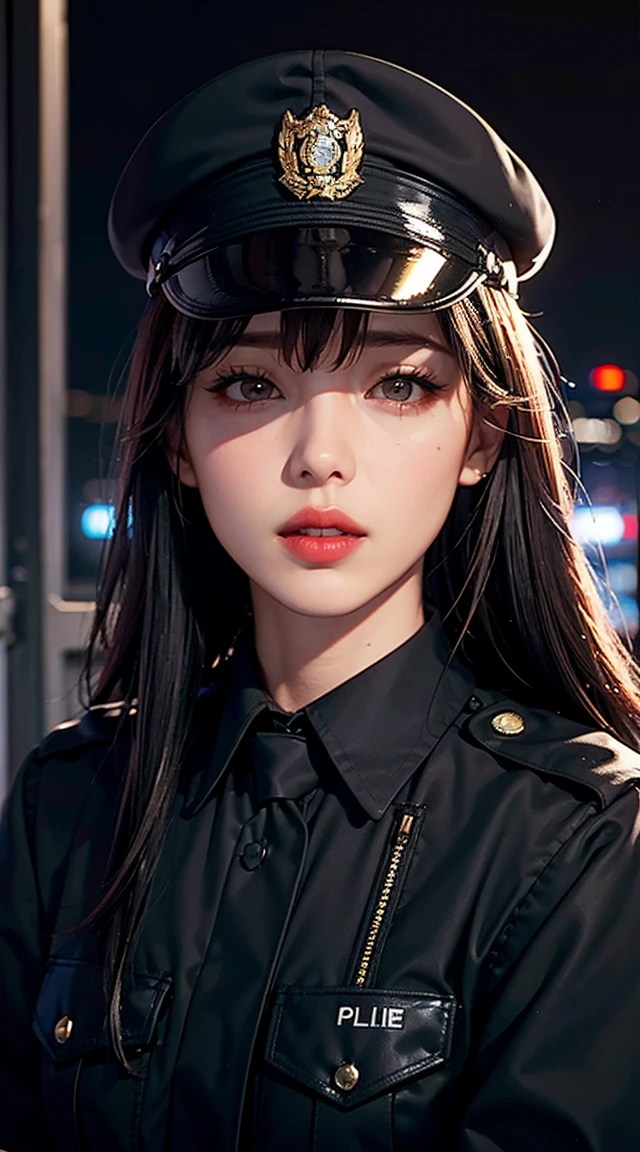 alone, (Police uniform, Female police officer), stockings, City lights, (Looking at the audience: 1.3), Release your lips, Red lips, Shiny skin, Skin dents, Highest quality, Ultra-high resolution, (realism: 1.4),  