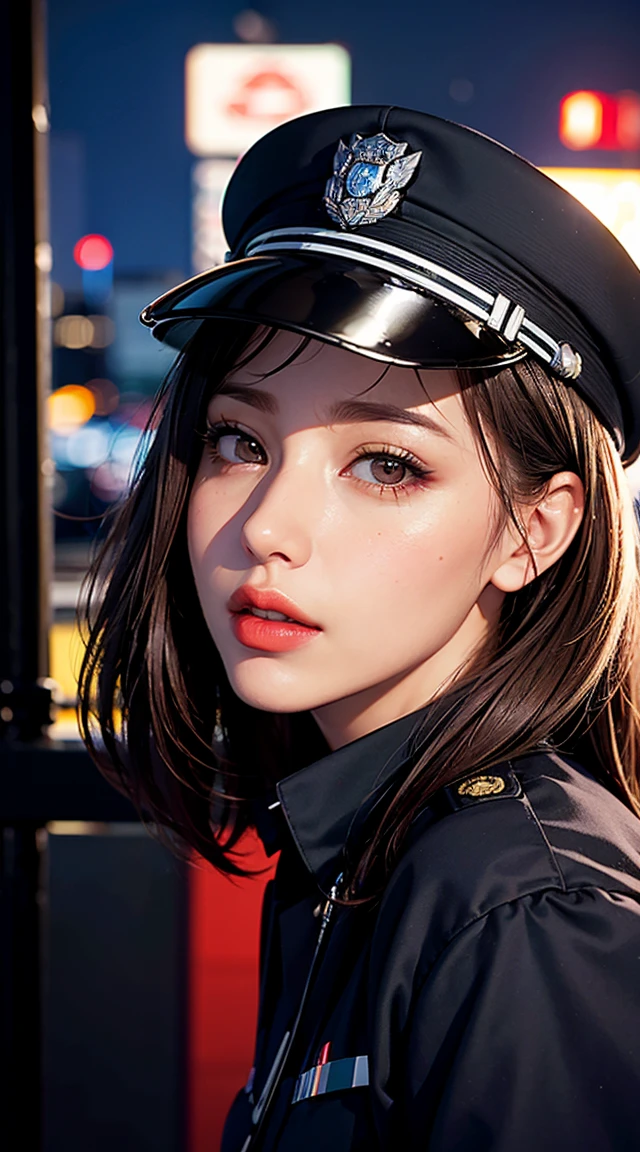 alone, (Police uniform, Female police officer), stockings, City lights, (Looking at the audience: 1.3), Release your lips, Red lips, Shiny skin, Skin dents, Highest quality, Ultra-high resolution, (realism: 1.4),