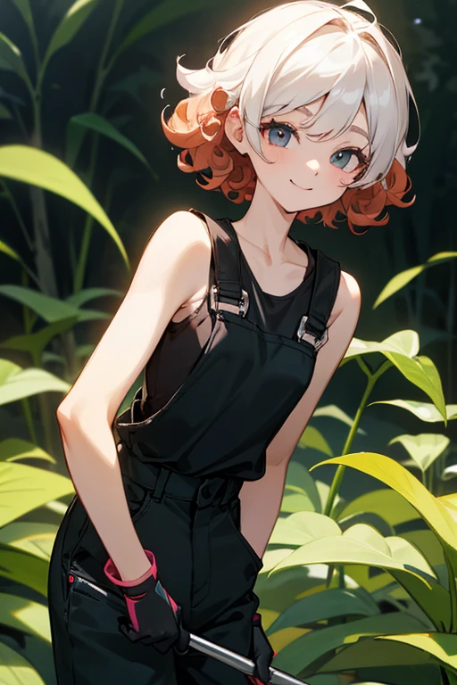 Slender beautiful girl、Smile、10th Generation、athlete、sleeveless Black T-shirt、Overalls、white sleeveless foody、Off the shoulder、Gloves in hand、Curly Hair、Garden、Short stature、