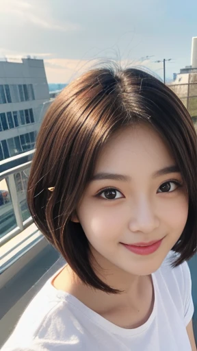 (Very detailedな CG Unity 8k 壁紙, Highest quality, Very detailed, Looking into the camera:1.2, The light shines on your face:1.5, Outdoor、rooftop, Professional Lighting), Japanese women, 32 years old, Brightly lit upper body composition of a face. She has an oval face, Soft arched eyebrows, bright expressive eyes,,, pronounced nose, And a friendly smile. Her hair is shoulder-length, straight, Dyed a pale chestnut color. She is wearing a white T-shirt, Probably soft colors, Embody her lively and sociable personality
