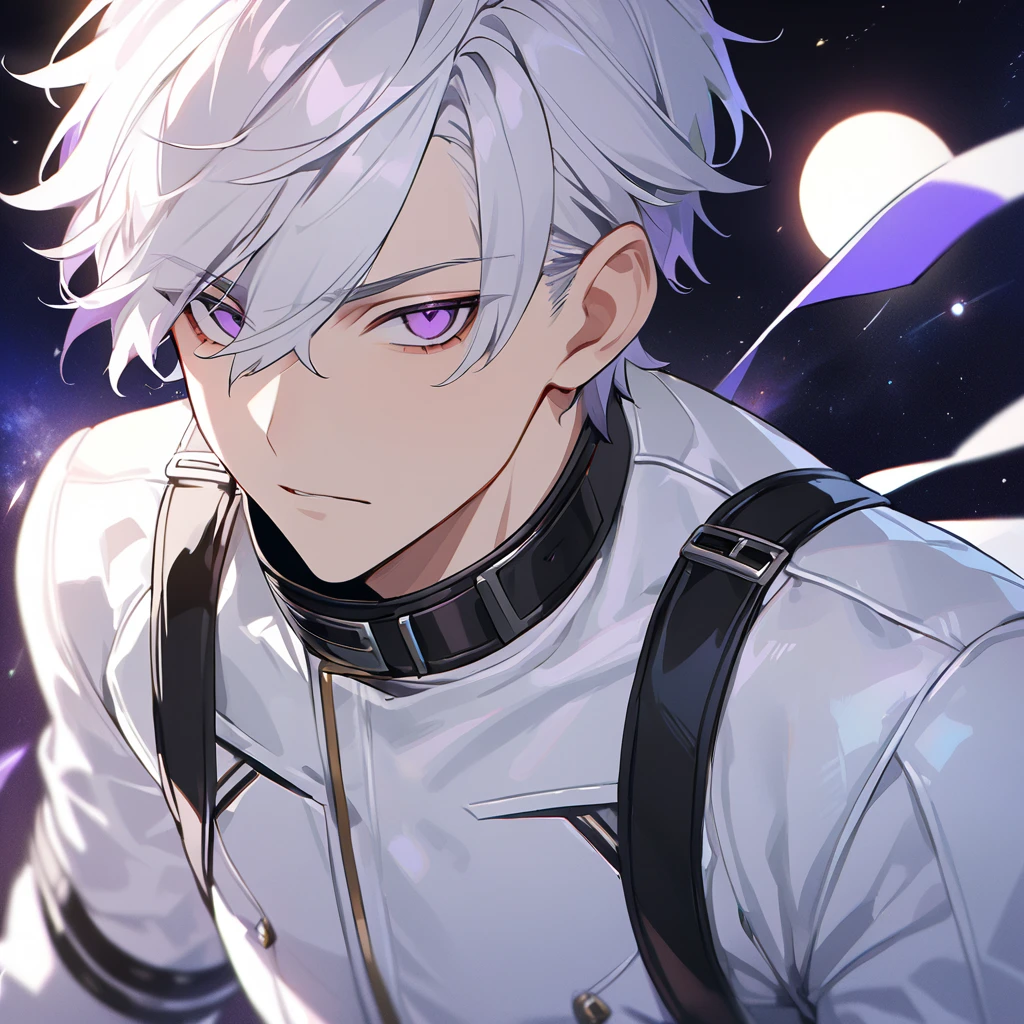High quality, HD, 4k, no shadows, handsome male, 1male, 17 years old, teenager, golden lining, short white hair, sharp eyes, dark purple eyes, deep purple eyes, devil may cry, close up, calm expression, stoic expression, black leather clothes, white leather clothing, lean body, well trained body, upper body, looking at viewer, cowboy shot, white solar, space background