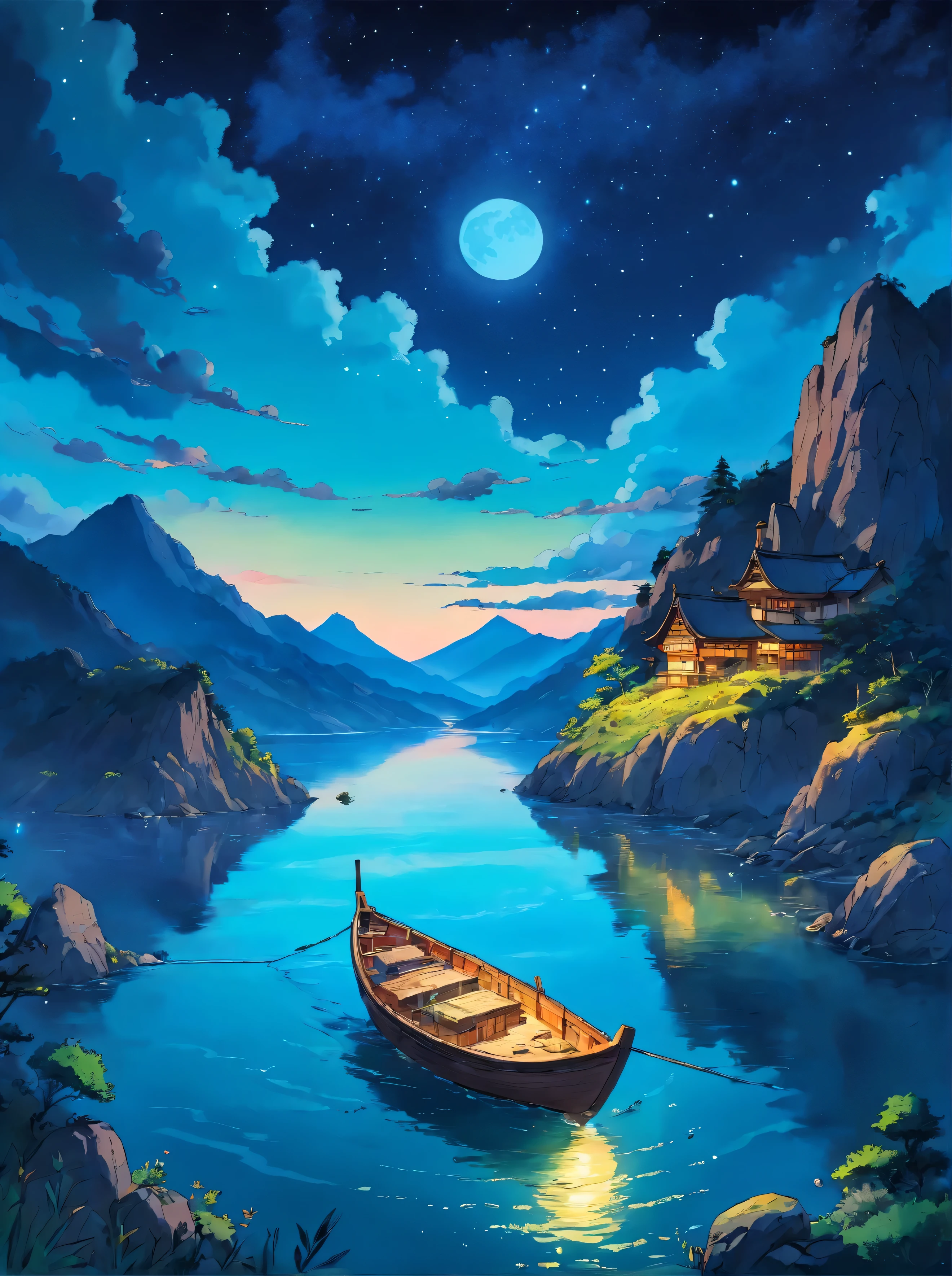 A small boat on a mountain and a river in the night sky Ink painting