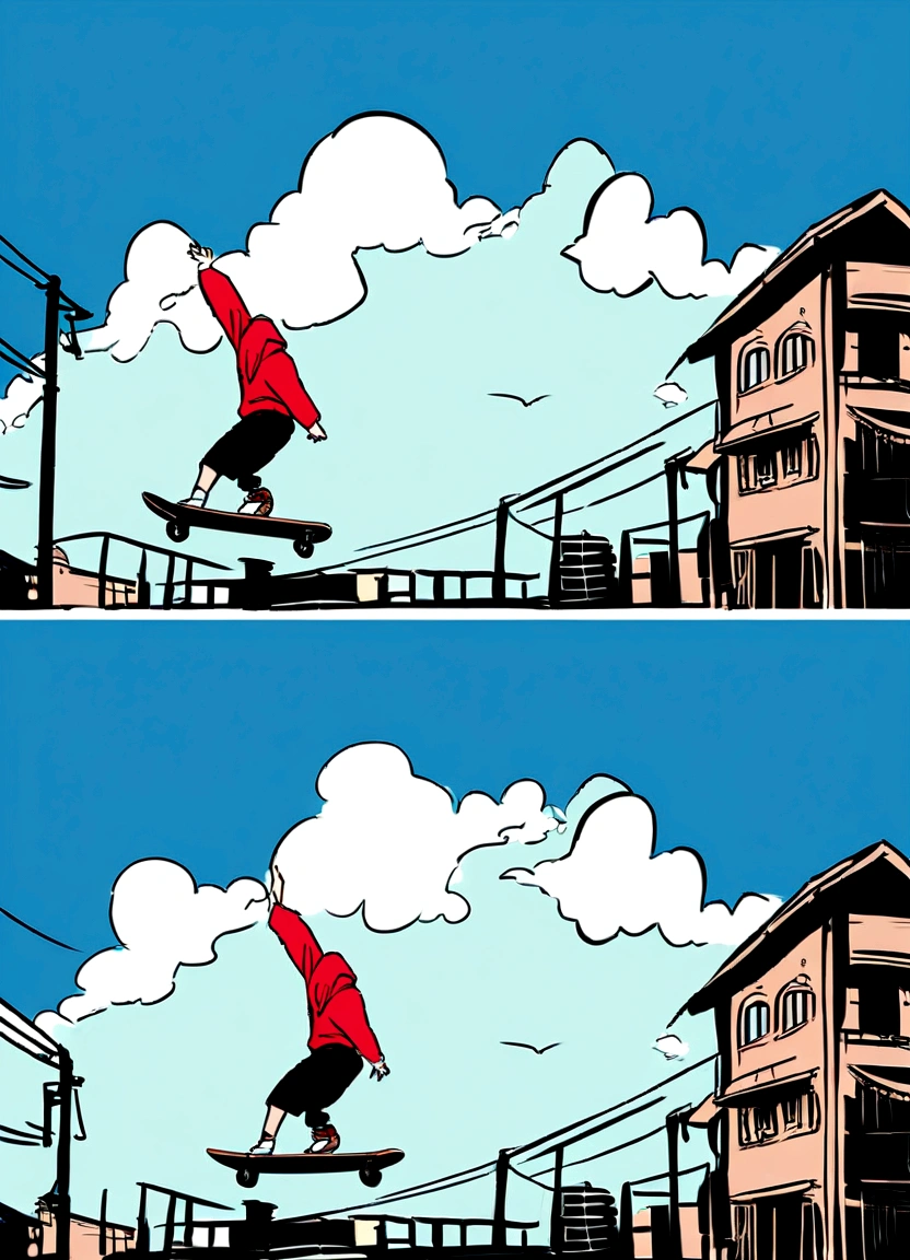 Create an anime-style illustration of a boy skateboarding in mid-air. The boy should have a joyful expression and be wearing a red hoodie and black shorts, similar to the girl in the reference image. The background should feature a clear blue sky with some clouds, utility poles, and buildings in a light, sketchy style. Ensure the overall color palette and energetic feel of the image match the reference.