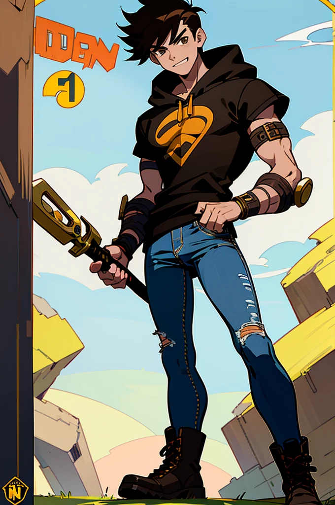 ((illustration)), (best quality)), ((masterpiece)), (detailed), ((road)) comic cover, teenage, boy, dark hair, brown eyes, muscular, shirt, black hoodie, jeans, combat boots, sunglass, smirking, solo, gauntlet, day, stylish,