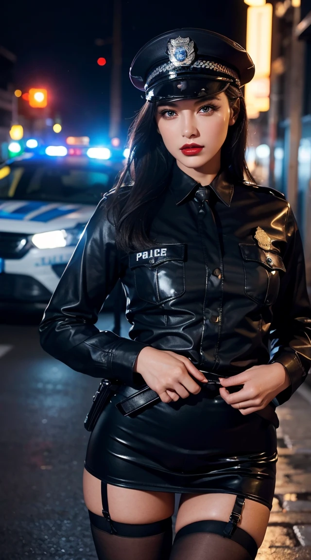 alone, (Police uniform, Female police officer), stockings, City lights, (Looking at the audience: 1.3), Release your lips, Red lips, Shiny skin, Skin dents, Highest quality, Ultra-high resolution, (realism: 1.4),