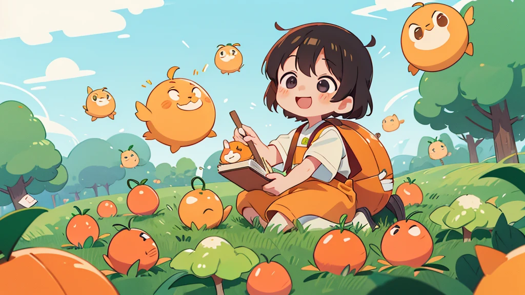 Theme and Symbols Main Symbol: 明るいsun、growing upする苗木、Open book completion symbol: vegetables（tomato、Carrot）、rice、Child&#39;s Smile Color Palette Main Color: green（nature、agriculture）、黄green（growing up、freshness）
accent color: yellow（sun、hope）、orange（energy、vitality）
Font Style: Friendly、Easy to read handwritten font and text color: メインはgreenかダークグリーン、アクセントとしてyellowやorange
構成要素

中央に配置: sunをバックに、growing upする苗木が開いた本から伸びている
周囲に配置: 左右にSmiling childrenや、vegetablesやriceが配置される
タグライン

位置: Text placed at bottom of logo: 「JAそお鹿児島 あぐりスクール - 食とagricultureを学ぶ」
デザインの具体例
ロゴデザインの詳細
sun: 背景に大きなyellowのsunを配置し、hopeと明るさを表現。
Saplings and books: sunの前に開いた本があり、そこからgreenの苗木が伸びている。Books are knowledge、苗木はgrowing upを象徴。
Smiling children: On the left and right of the book、Illustration of children smiling and lining up。
vegetablesやrice: Around the logo、tomatoやCarrot、riceのシルエットを配置。
