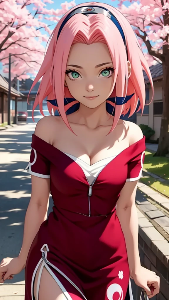 tmasterpiece, Best quality at best, 1girll, Sakura Haruno, Large breasts,Off-the-shoulder attire,(cleavage),(upperbody closeup),Raised sexy,is shy,ssmile,with pink hair, long whitr hair, (Green eyeballs:1.4), Forehead protection, the cherry trees,Cherry blossoms flying,Red clothes,Zipper half