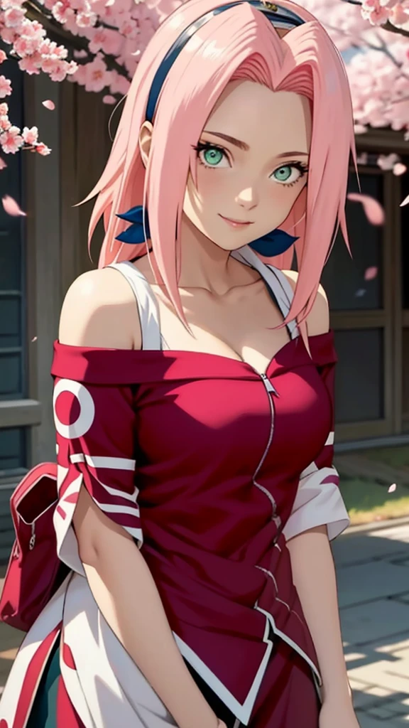 tmasterpiece, Best quality at best, 1girll, Sakura Haruno, Large breasts,Off-the-shoulder attire,(cleavage),(upperbody closeup),Raised sexy,is shy,ssmile,with pink hair, long whitr hair, (Green eyeballs:1.4), Forehead protection, the cherry trees,Cherry blossoms flying,Red clothes,Zipper half