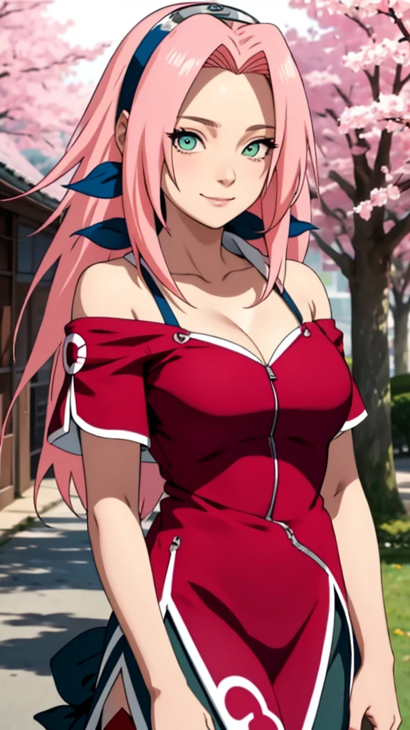 tmasterpiece, Best quality at best, 1girll, Sakura Haruno, Large breasts,Off-the-shoulder attire,(cleavage),(upperbody closeup),Raised sexy,is shy,ssmile,with pink hair, long whitr hair, (Green eyeballs:1.4), Forehead protection, the cherry trees,Cherry blossoms flying,Red clothes,Zipper half