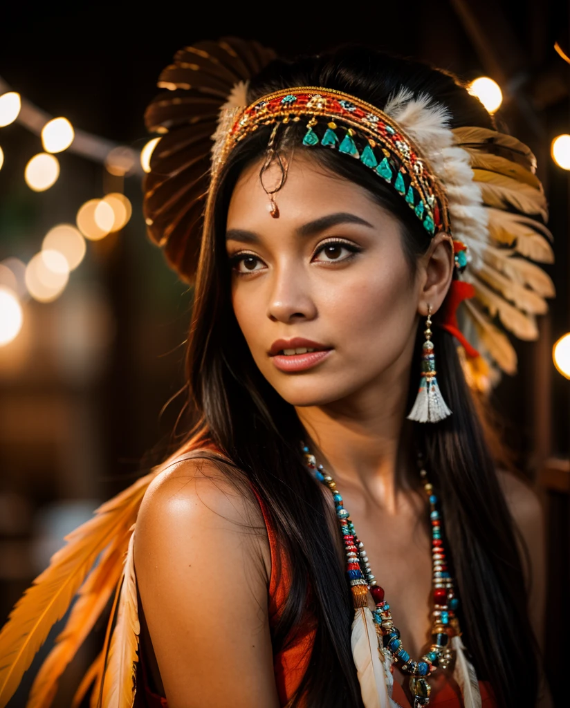 Beautiful Cherokee Indian woman with beautiful terracotta colored headdresses, blackw, doradas, cobre, Pearl, white and beige, feathers made of bright neon of various colors, flares on camera, bokeh, full moon night
