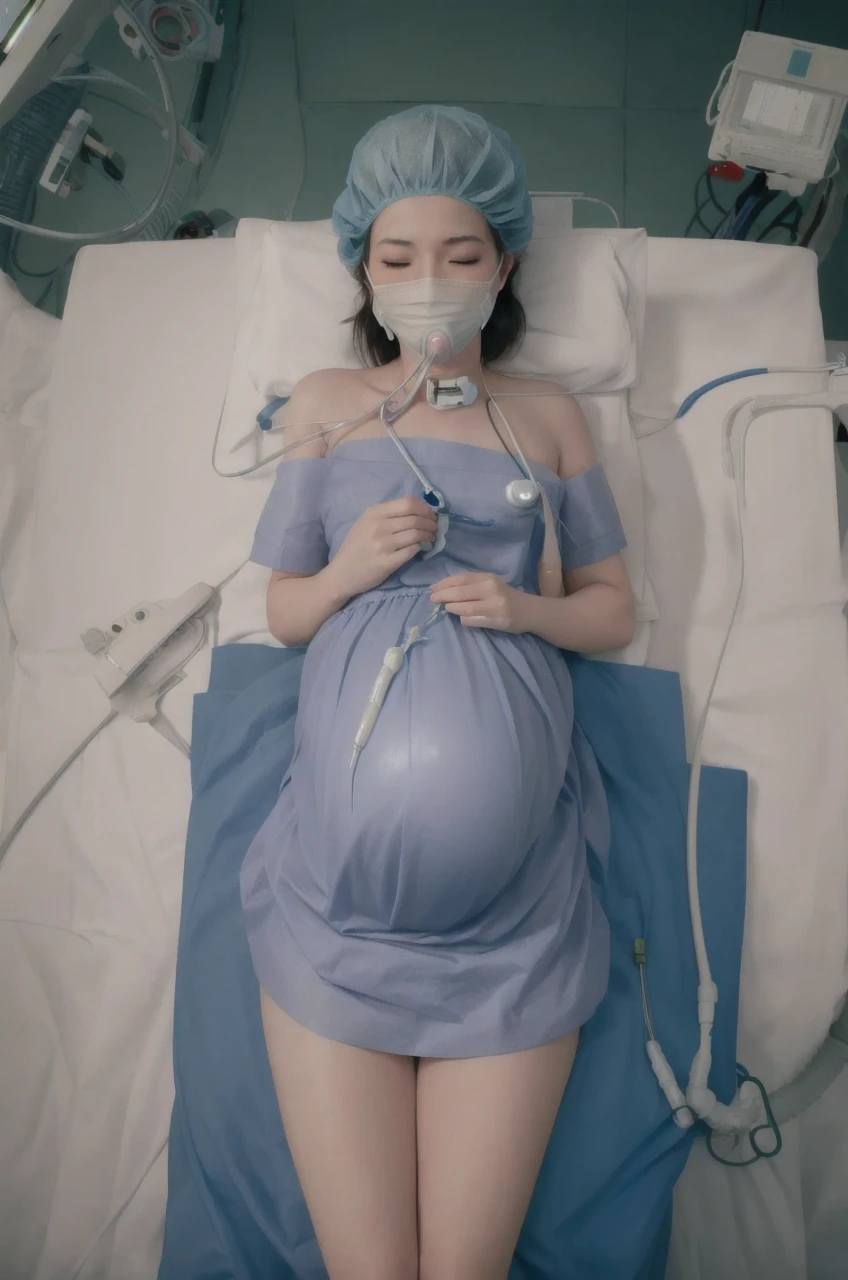 pregnant ,masterpiece, best quality, highres, (nude:1.2),  1girl, solo, (operating room:1.2), lie on back on (\"operating bed\":1.3),closed eyes,
(view from above:1.3), open legs, spread legs, surgical mask,
closed mouth, 