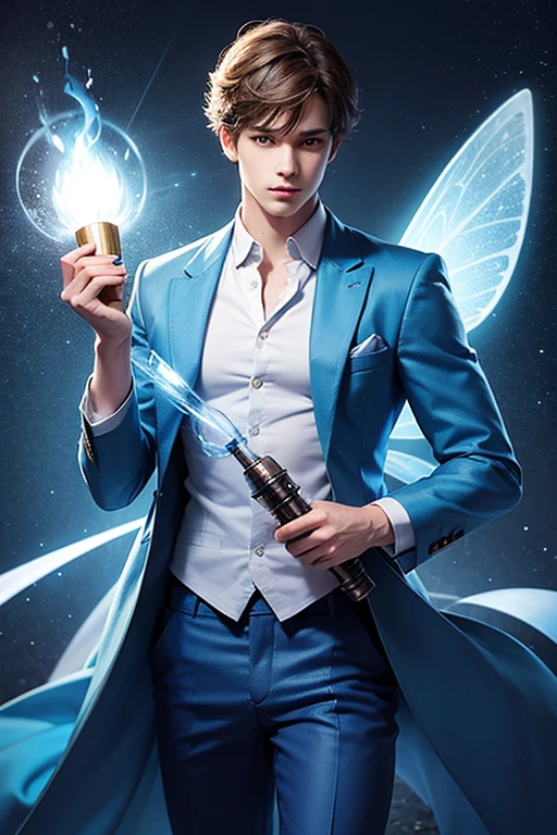 A male fairy in blue clothes holding a bomb with lots of light coming out of it

