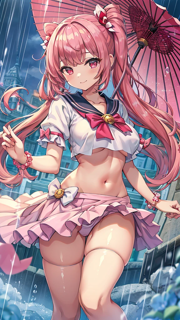 Masterpiece、Highest quality、Super detailed、1 girl、Pink Hair、(Big Tits)、Fluffy and soft long hair、Red-pink eyes、Sailor suit、rain、umbrella、In town、Cleavage、(The underboob is visible)、Belly button、Ruffles and ribbons、smile、Too big breasts