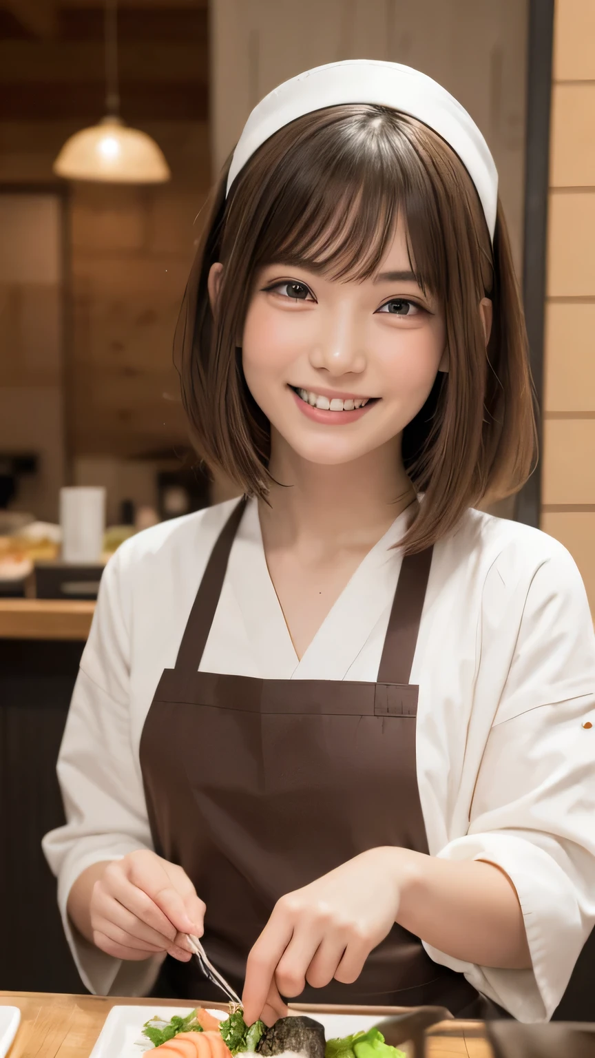closeup shot , Best picture quality (8K, high resolution, Masterpiece: 1.2), super detailed, 215 Short Hair, 16-year-old woman,
situation: At the counter of a sushi restaurant、A scene where a craftsman is making sushi。
clothing: White coat、apron、Hood or headband。
angle:
Close-up: The hands of the craftsman making sushi、A detailed look at a person's concentrated work face。
Detailed depiction: A counter with fresh seafood on display、Freshly made sushi in the background、Emphasizing the fine craftsmanship。
Emotional moment: The moment when the chef serves beautiful sushi to the customer,、Capturing the serious expression of a craftsman。
, Close-up of face
, random cute pose ,big eyes ,Puffy eyes , Heart Pupil, blush , huge shy smile , salute