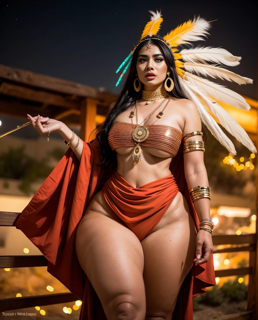 Aztec tribal queen with tribal markings and patterns, Mesoamerican, Mexica, perfect face, perfect body, big breasts bursting out, full body view, from below, tall body