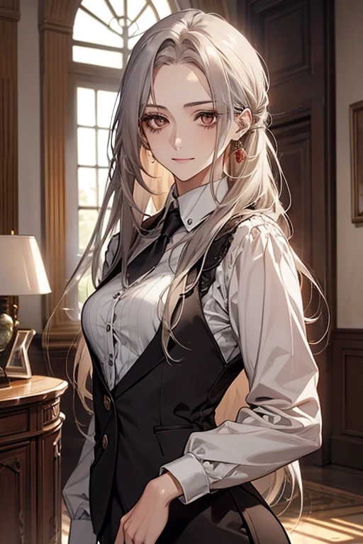 (Confused, High resolution, Very detailed), 1 female, Silver Hair,Long Hair,Reddish brown eyes,suit,secretary,Hair tied low,24th generation,Beautiful woman,mature,thin,quiet,Calm,Small breasts,A small smile,Reception room,