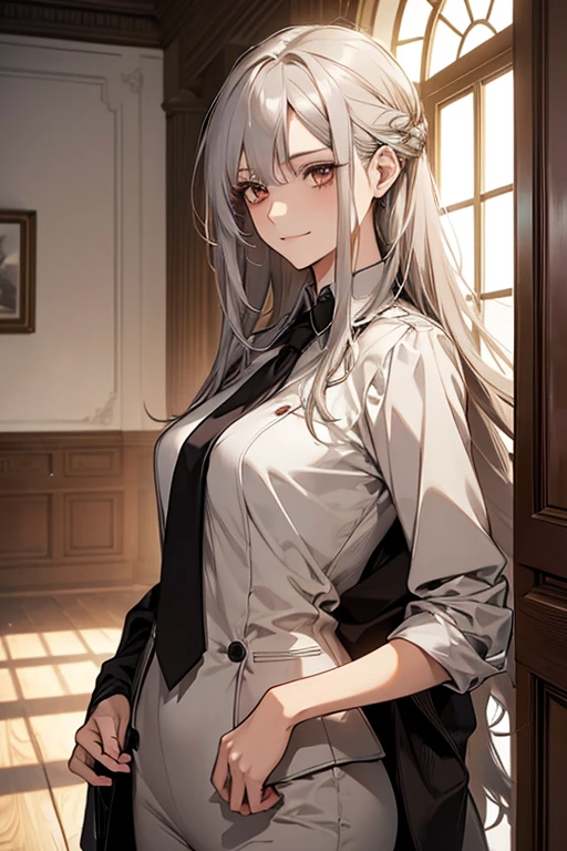 (Highest quality, High resolution, Very detailed), 1 female, Silver Hair, Long Hair, Reddish brown eyes, suit skirt, lace thong, garter belt, secretary, 24th generation, Beautiful woman, mature, quiet, Calm, Large Breasts, A small smile, office,