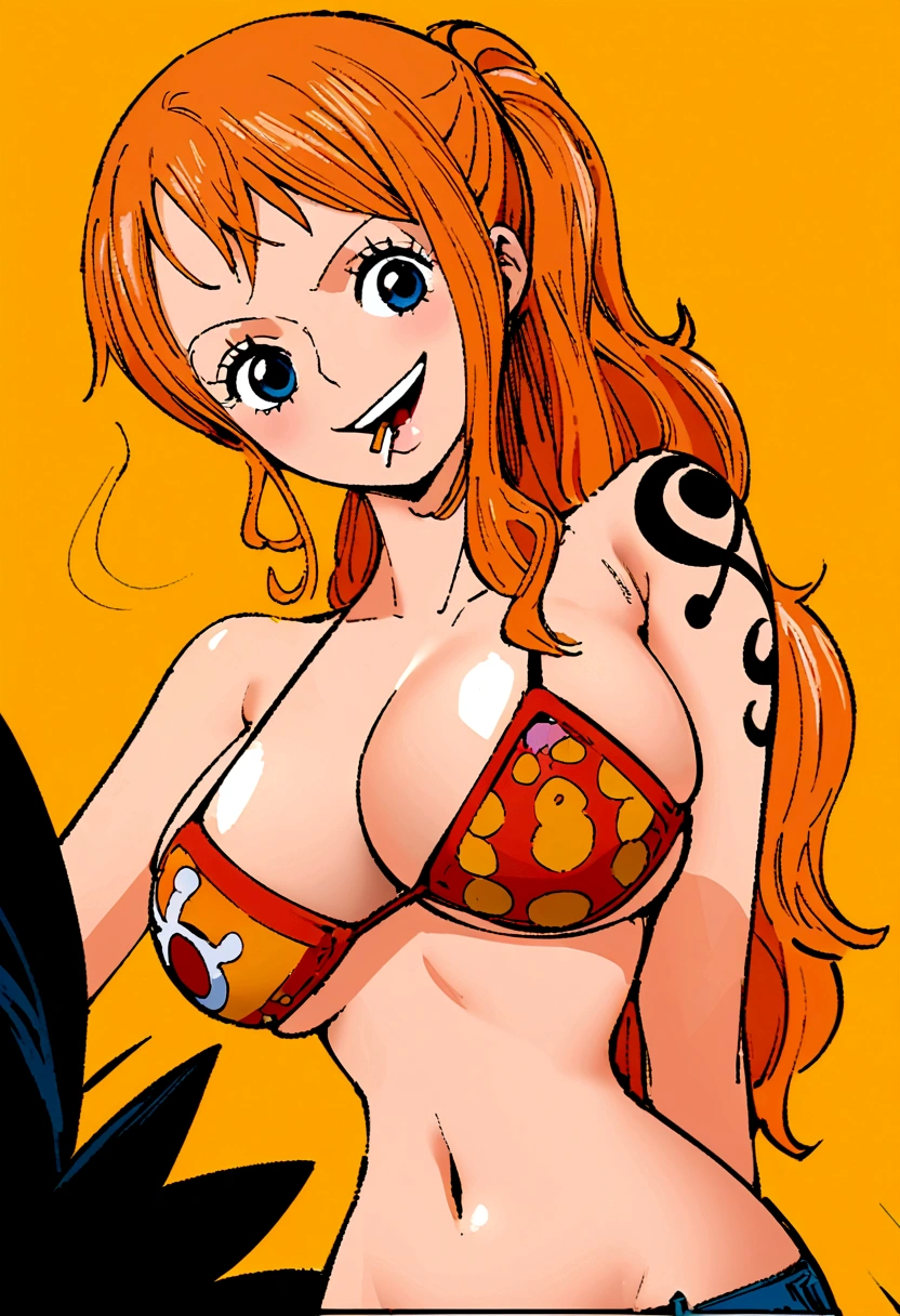 a cartoon picture of a woman in a bikini top and jeans, nami one piece, nami from one piece, nami, beautiful portrait of nami, from one piece, oppai, blue eyes, smoking, ponytail