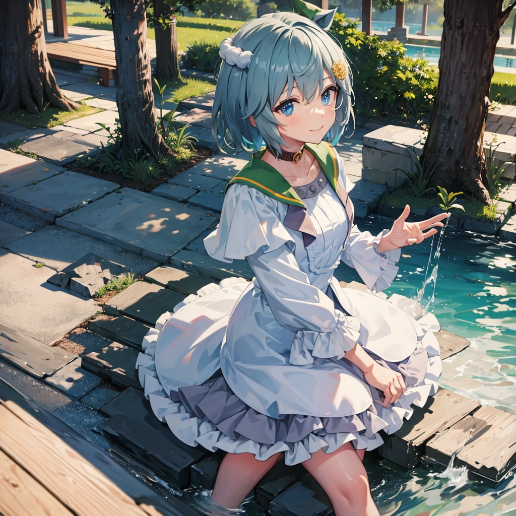(masterpiece, Highest quality:1.2), alone, One girl, Seiun Sky, smile, View your viewers, Hair Clip, Hair Flowers, Horse's ears, Frills, shirt, Long sleeve, Green shorts, Horse tail, seiunsky, hairclip, hair flower, horse ears, horse tail frills, shirt, long sleeves, green short pants, white shirt, puffy short sleeves, white thigh highs, Highest quality, Expressive eyes, Perfect Face, A girl is standing in a stance pose, Her legs were wide apart. It's a slow-motion shot of her swinging her sword at the viewer., When she swings her sword、Her eyes are full of anger, Manga style, movement line, knife, Redhead, Red eyes,
