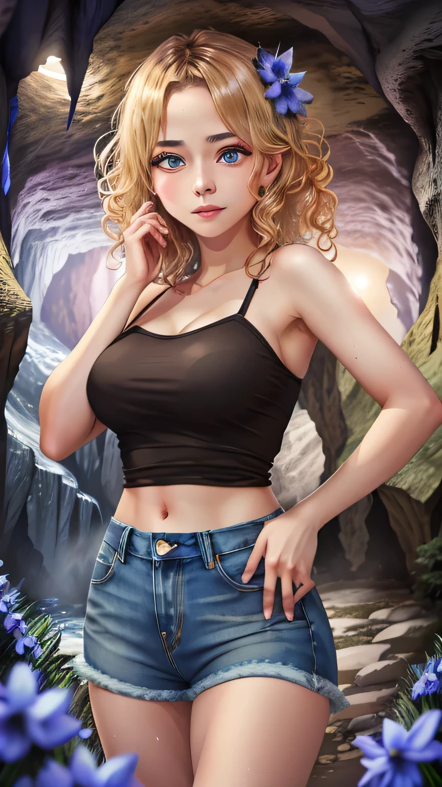 30-year-old woman, Upper body portraitPhotography, (Alyssa Monks:1.1), Joseph Lorso, Lilia Alvarado, Beautiful lighting, Sharp focus, 8K, High resolution, (pores:0.1), (Sweaty:0.8), masterpiece, nikon z9, Award-winning photo, (Perfect round irises:1.3)、White tube top、Short denim、Big Tits、Long blonde curly hair、((Dark Cave))、(Detailed cave)、Face close-up, (Dynamic pose)、 masterpiece, 最high quality, high quality, High resolution、(Upper body portrait)、