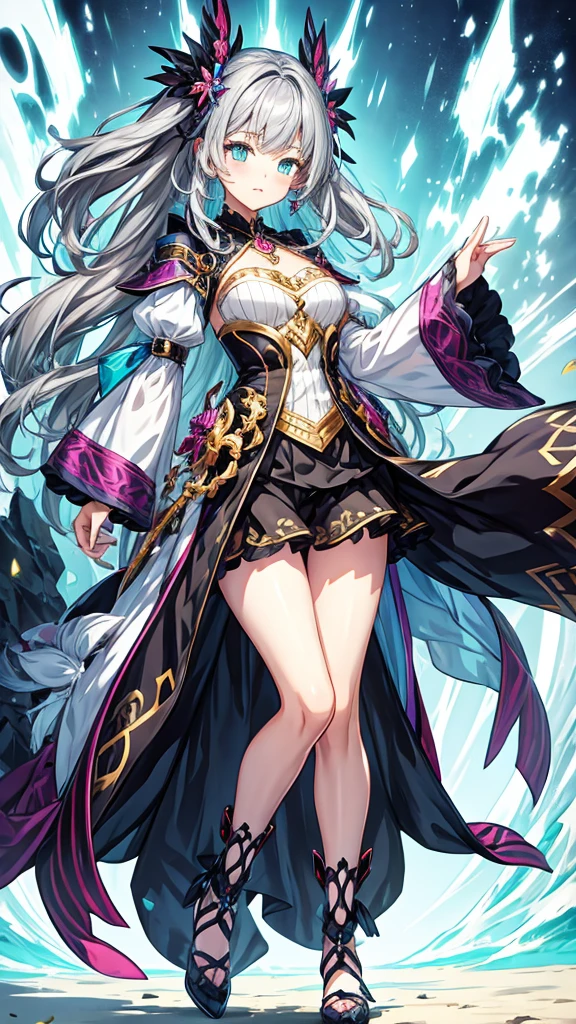 fantasy world girl with colorful hair, accessories, detailed clothes, dark gray hair