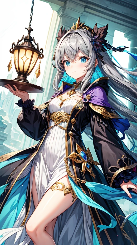 fantasy world girl with colorful hair, accessories, detailed clothes, dark gray hair
