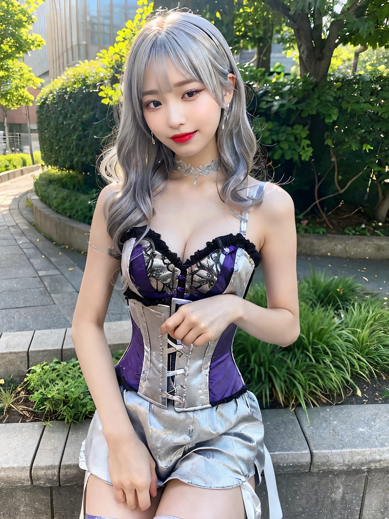 (Thin eyebrows)、(((((Mouth closed)))))、((Very strong sunlight))、((((Beautiful silver hair))))、((Small Head))、(Beautiful silver hair with short wavy:1.2)、Full Body Shot、(((8K, Raw photo)))、 (((The face is that of cosplayer Enako))),(Shot from above in highly detailed 8K)、(Very delicate and beautiful)、(masterpiece)、(Highest quality:1.0)、(超High resolution:1.0)、Realistic Shadows、[High resolution]、 Detailed skin、Ultra-detailed、(Beautiful Hair)、Photorealistic、A vivid face、Big breasts and small waist、Realistic eyes、Small eyes、Looking at the camera、(((Between the breasts)))、(eyeliner)、(mascara)、 Pink lips、((Looks very happy))、Show your shoulders、Intricate patterns and transparent materials、Artistic depiction of a seductive woman, Accentuating her attractive silhouette。The scene was、Basking in the hot sun、It makes you feel the delicate beauty and charm of nature.。(((Intricate details))、Advanced Details、choker、Browsing Caution,((Highest quality、8K、masterpiece:1.3))、Sharp focus:1.2、 (((Patent purple and silver corset)))、((On the buttocks))