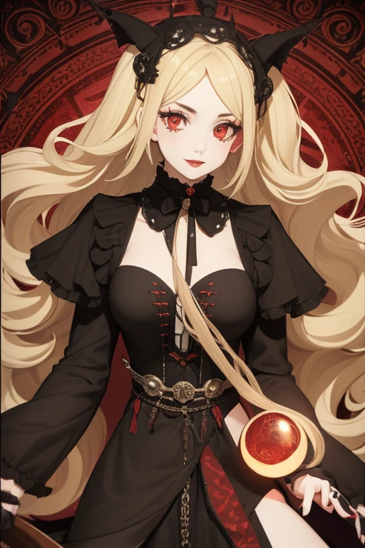 Emma Roberts 20s Vampire long curly blonde hair pointed ears red eyes Gothic priestess clothing black vintage decorations Steampunk holding a staff with a sphere of blood