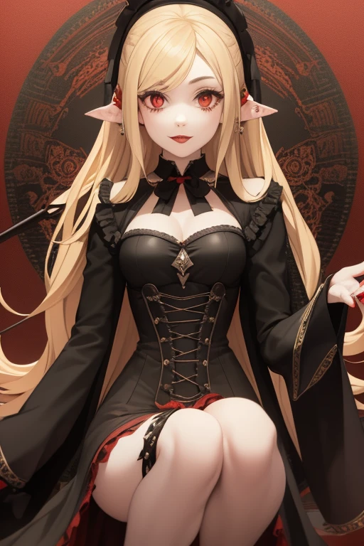 Emma Roberts 20s Vampire long curly blonde hair pointed ears red eyes Gothic priestess clothing black vintage decorations Steampunk holding a staff with a sphere of blood